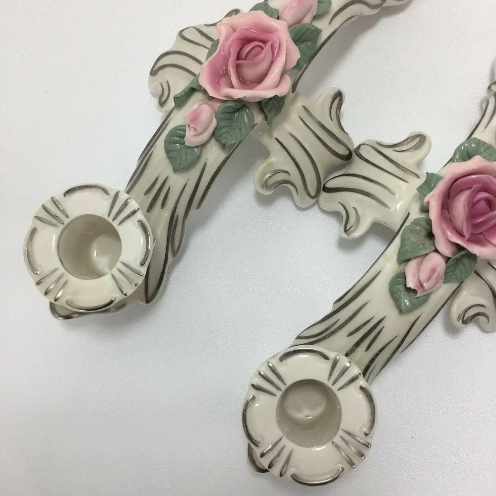 Set‎ of 2 DRESDEN Candle Holders Double Arm Pink